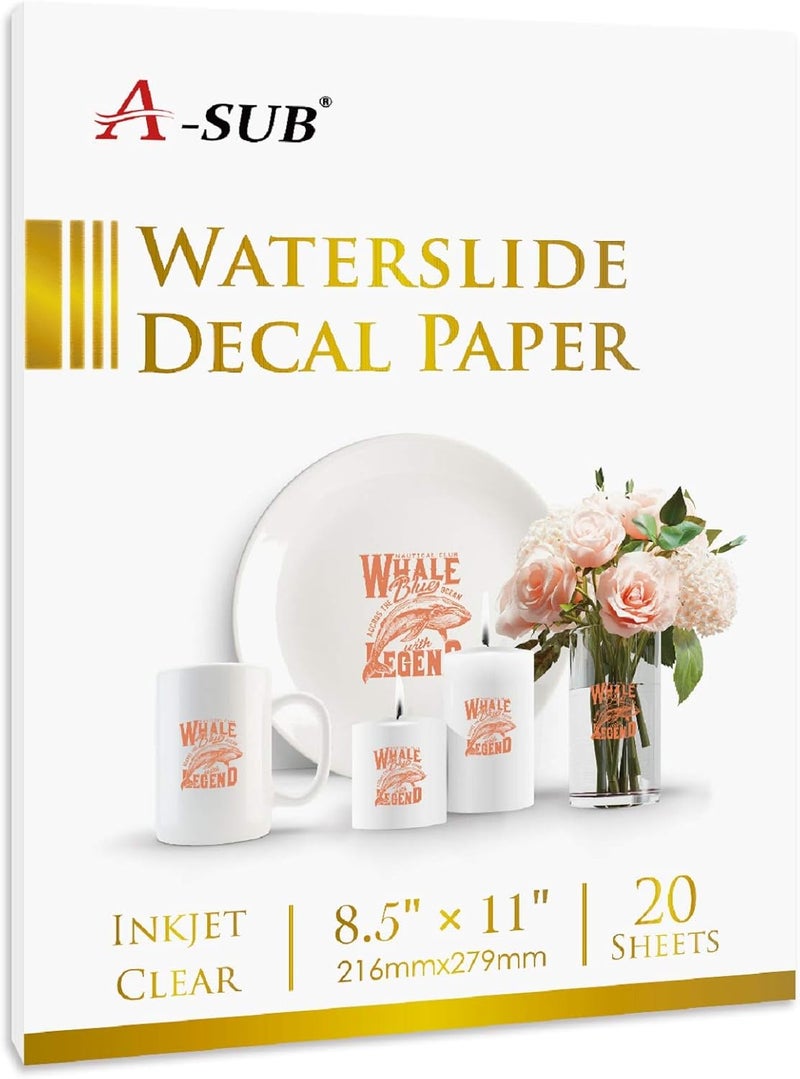 A-SUB Waterslide Decal Paper for Inkjet Printers 20 Sheets Clear Water Slide Transfer Paper 8.5x11 in for DIY Tumbler, Mug, Glass Decals - Image 1